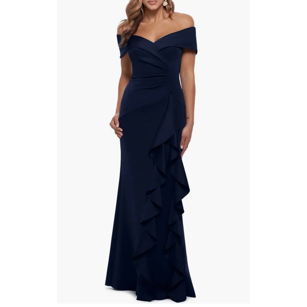Xscape Evenings Ruffle Off Shoulder Scuba Gown - Size 12 - Picture 2 of 5